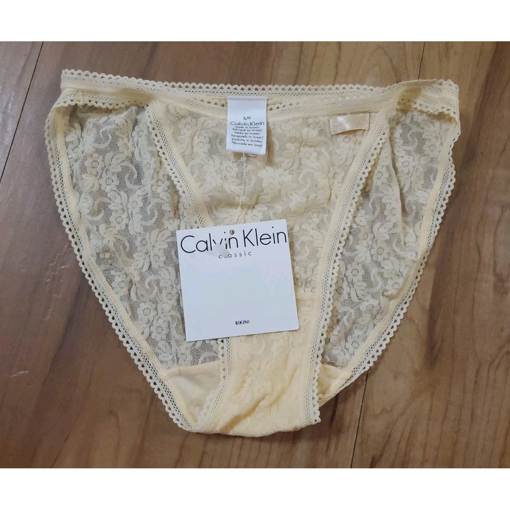 Vtg Calvin Klein Hi Leg Brief Women Size Small Yellow Lace Sheer Floral Y2K NEW